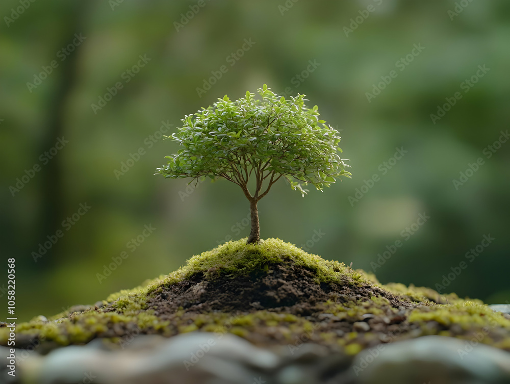 Green Tree Realistic Image on Mossy Hill Green Tree Realistic Image on Mossy Hill