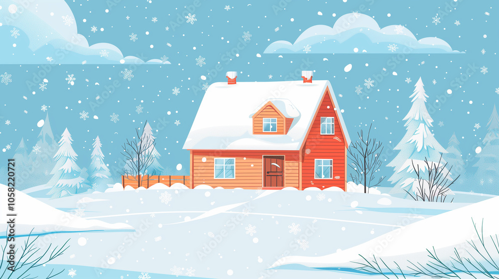 Fototapeta premium Snowy Winter Landscape with Cozy House