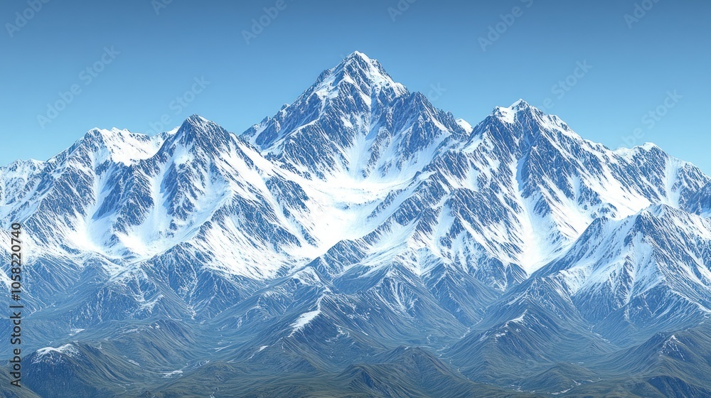 Fototapeta premium A majestic, snow-capped mountain peak rises above a range of foothills under a clear blue sky.