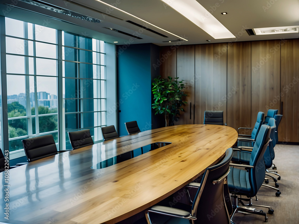 A conference room with a desk and a wall of windows, a modern office interior A conference room with a desk and a wall of windows, a modern office interior
