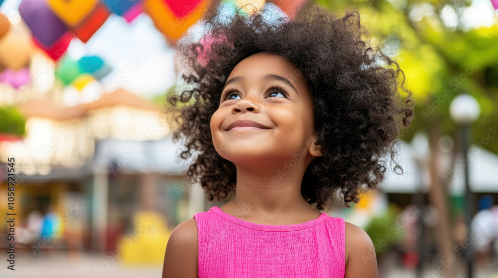 Fototapeta premium young girl with curly hair in bright pink dress smiles joyfully, looking up at colorful decorations above her. vibrant atmosphere enhances her cheerful expression