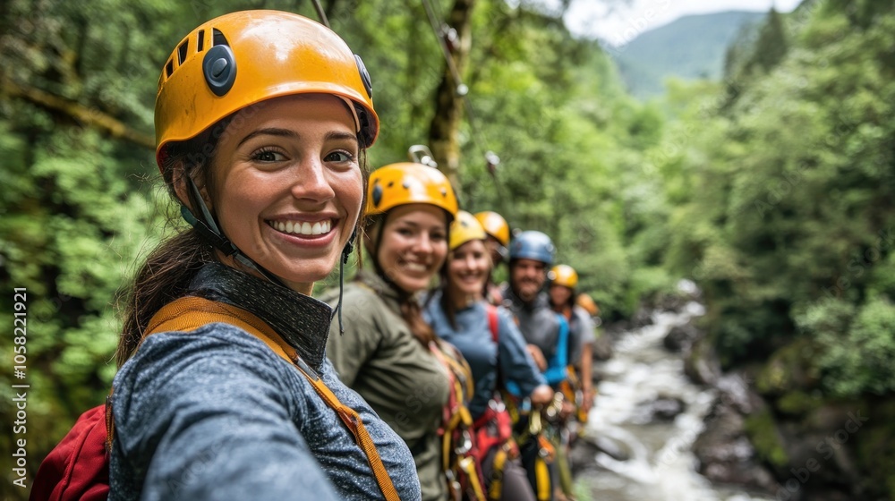 A group of adventurers smiling while preparing for a zip-lining experience in nature. A group of adventurers smiling while preparing for a zip-lining experience in nature.