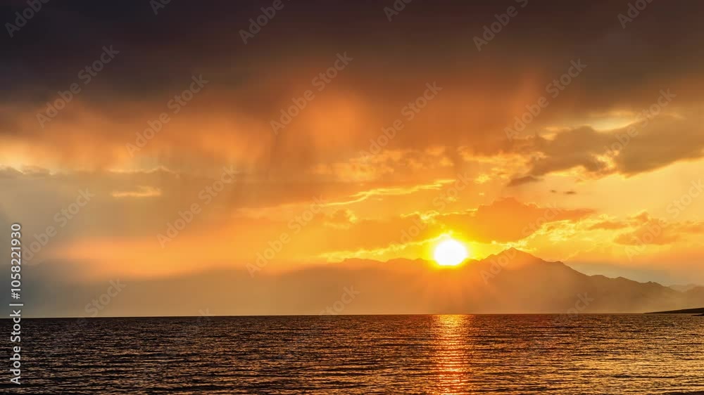 Beautiful Sayram Lake natural landscape at sunset in Xinjiang. Famous travel destination in China. Beautiful Sayram Lake natural landscape at sunset in Xinjiang. Famous travel destination in China.
