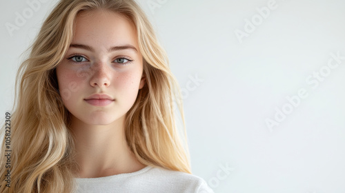 young woman with long blonde hair and natural makeup gazes thoughtfully at camera, showcasing her clear skin and expressive eyes against soft, neutral background