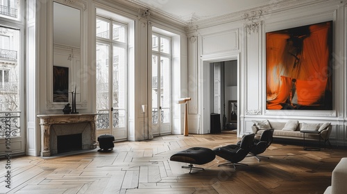 Large White Living Room with Parquet Floor in Parisian Apartment with Orange Painting Black Armchair and Natural Light