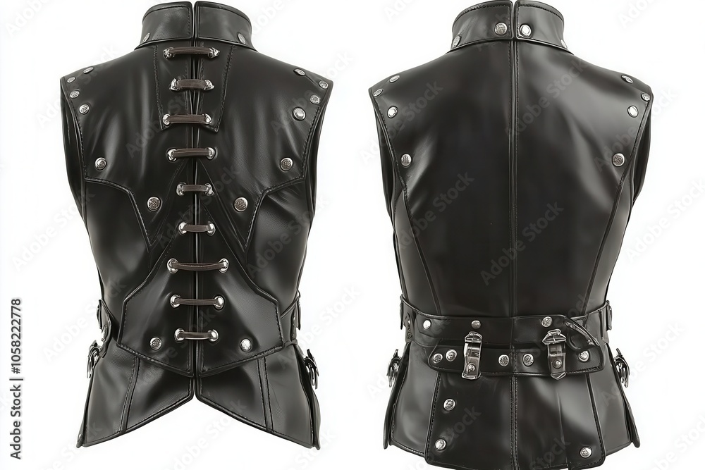 Stylish black leather vest featuring a modern design with intricate lacing and buckles, ideal for edgy fashion statements. Stylish black leather vest featuring a modern design with intricate lacing and buckles, ideal for edgy fashion statements.