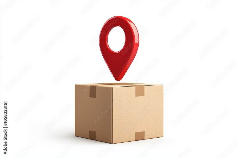Delivery box with location pin graphic, isolated on a white background. Delivery box with location pin graphic, isolated on a white background.
