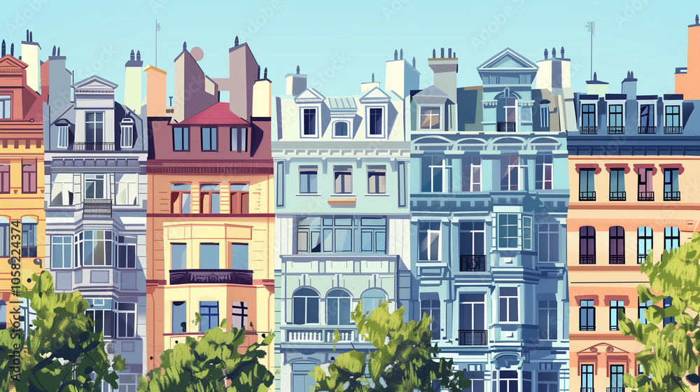 Fototapeta premium Row of Colorful European Buildings with Trees