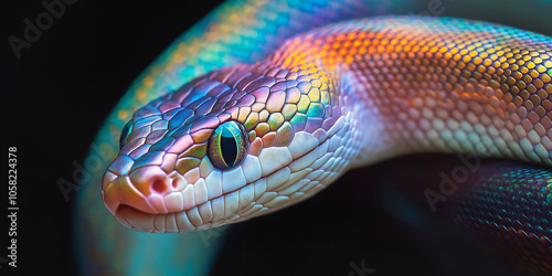 Rainbow snake showing its colorful scales and staring with intense look