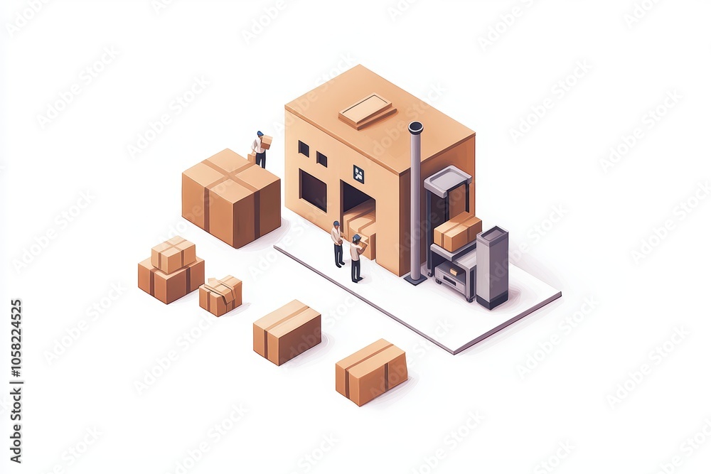 Illustration of a packaging factory with workers handling boxes on a white background. Illustration of a packaging factory with workers handling boxes on a white background.