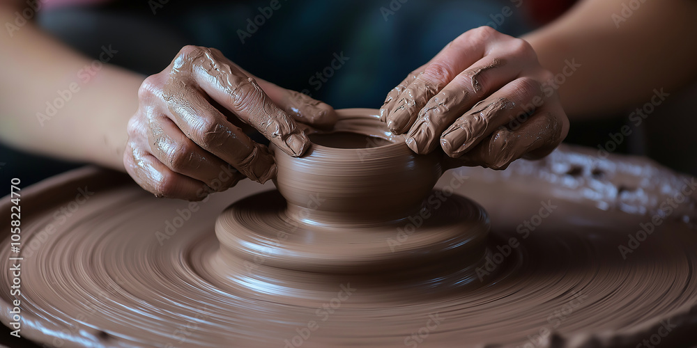 Potter creating clay pot on pottery wheel: traditional craft in action Potter creating clay pot on pottery wheel: traditional craft in action