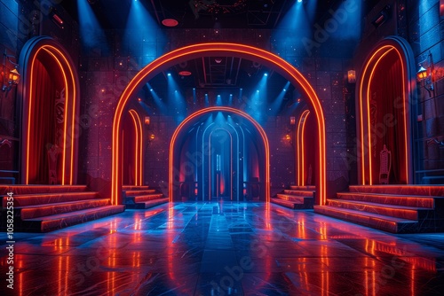 Empty TV Game Show Stage with Lights Arches Spotlight and Curtain Decorated for Entertainment and Performance