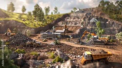 Miniature modern mining that includes miners using advanced and environmentally friendly equipment