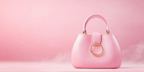Pink elegant ladies bag on pink background with golden details