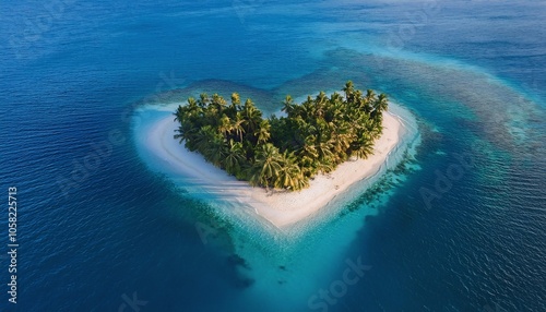 Aerial drone view of a heart shaped tropical palm island in ocean