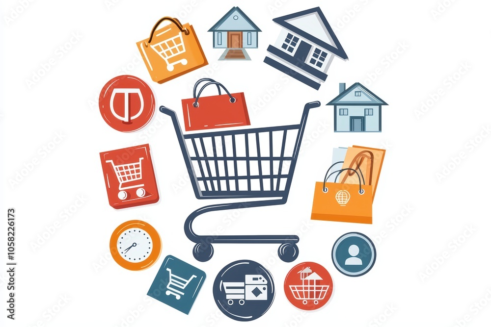 Shopping cart surrounded by various retail icons on a white background. Shopping cart surrounded by various retail icons on a white background.