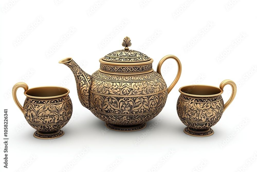 antique golden teapot set with intricate carvings on white background antique golden teapot set with intricate carvings on white background