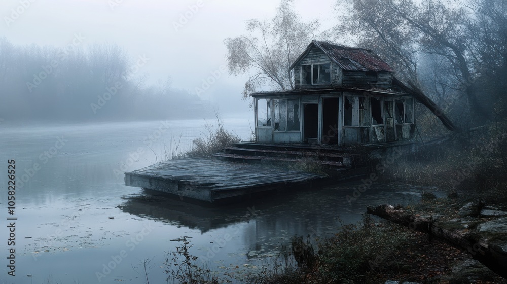 Fototapeta premium A hauntingly beautiful rendering of a decaying floating house