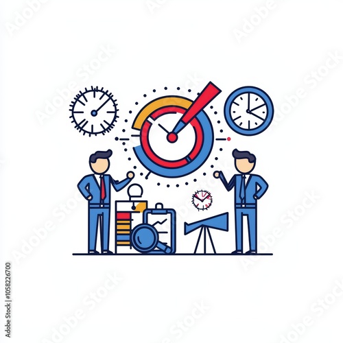 Two businessmen discussing time management with various clocks and tools, white isolate background.