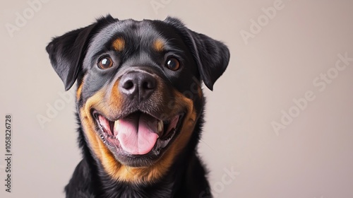 portrait of a happy smiling Rottweiler dog on a white background