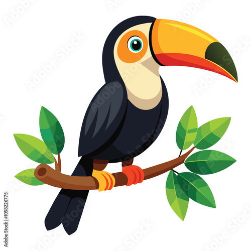 cartoon toucan bird on tree branch on white background