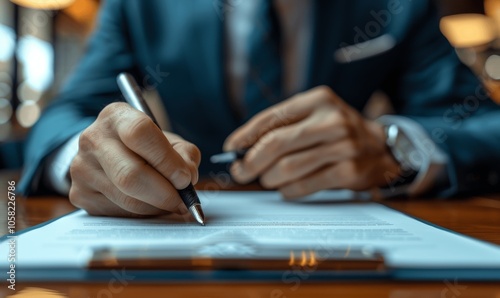 CEO signing contract close up of hand with pen business agreement in office business concept paperwork financial deal declaration photo