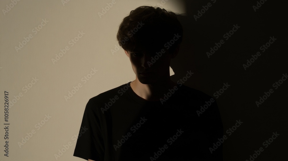 A silhouette of a male model wearing a black T-shirt, with a clear background, captured using bright studio lighting, emphasizing shape and contour. Minimalist aesthetics and fashion style A silhouette of a male model wearing a black T-shirt, with a clear background, captured using bright studio lighting, emphasizing shape and contour. Minimalist aesthetics and fashion style