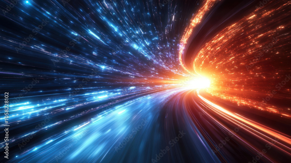 Obraz premium Vivid light trails create dynamic sense of speed and motion, resembling cars racing at incredible velocities through cosmic landscape. vibrant colors evoke excitement and energy