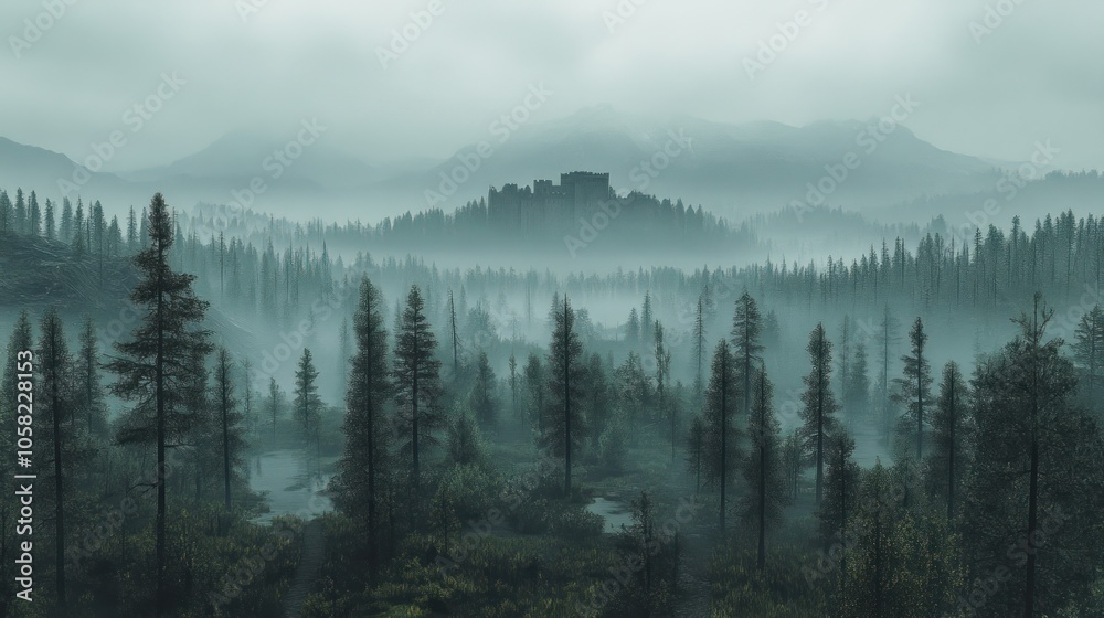 Fototapeta premium A misty forest with a mysterious castle in the distance.