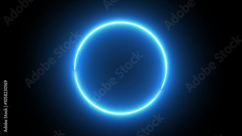 Circle neon shape blue color with black background, lighting effect, glowing blue neon