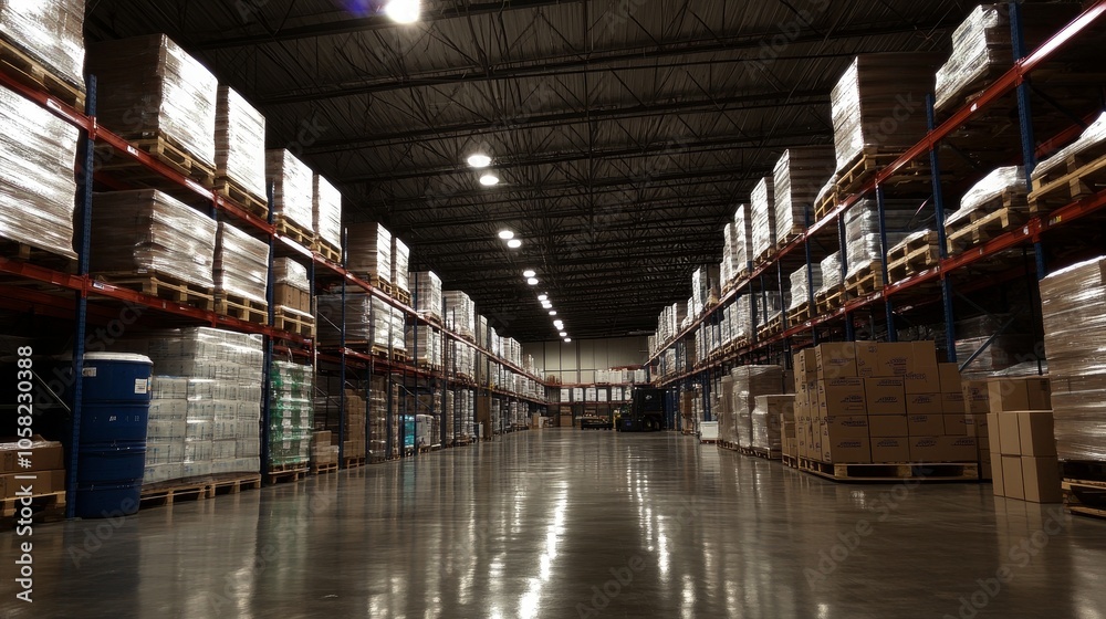 A spacious warehouse filled with organized pallets and barrels, showcasing industrial storage. A spacious warehouse filled with organized pallets and barrels, showcasing industrial storage.