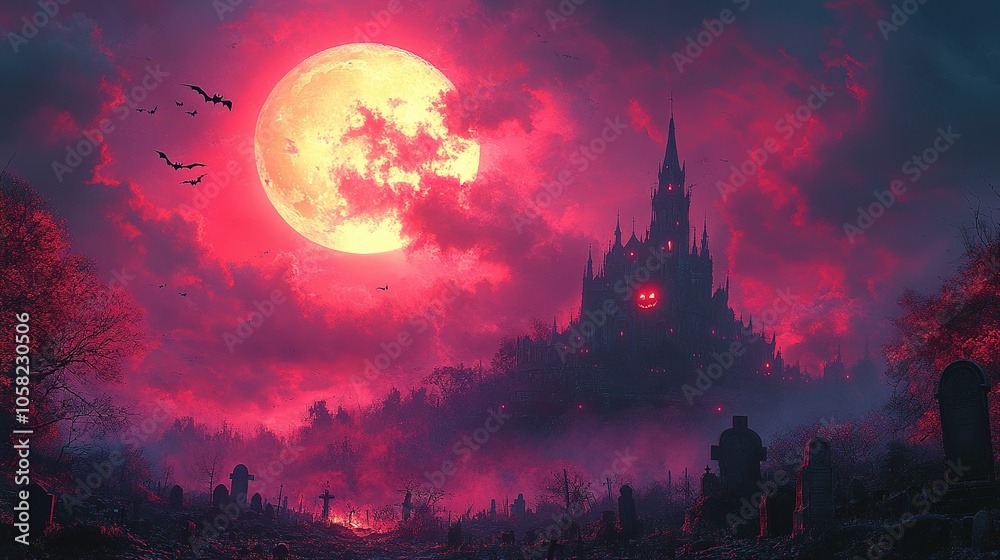 A Haunted Castle with a Smiling Face Under a Blood Moon A Haunted Castle with a Smiling Face Under a Blood Moon