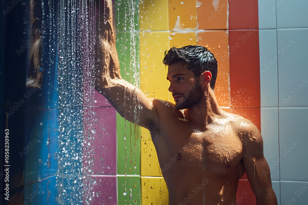 Fototapeta premium Serious Male Model in a Bathroom-Themed Campaign with Rainbow Color Palette