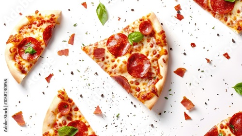 Pizza slices in motion on white background with pepperoni, beef, melty cheese, and basil in flight.