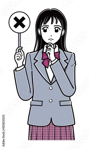 バツの札を持つブレザーの女子高生（上半身・シンプル）