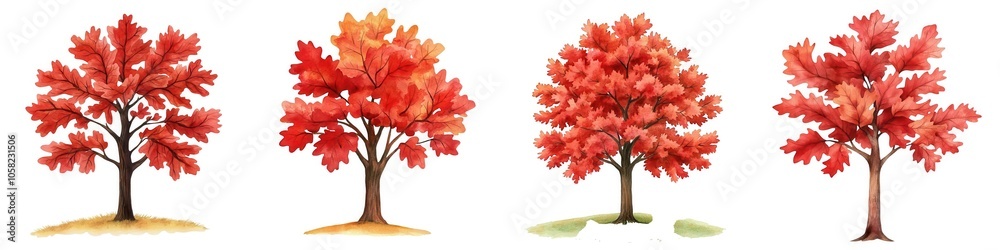 Watercolor A collection of four vibrant red trees depicted in various stages, showcasing beautiful autumn foliage against a white isolated background. Watercolor A collection of four vibrant red trees depicted in various stages, showcasing beautiful autumn foliage against a white isolated background.