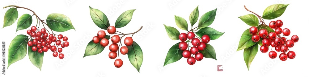 Watercolor A collection of vibrant red berries with green leaves, beautifully illustrated and arranged on a white background, perfect for seasonal design applications. Watercolor A collection of vibrant red berries with green leaves, beautifully illustrated and arranged on a white background, perfect for seasonal design applications.