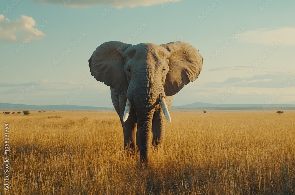 Obraz premium An elephant stands in a field of tall grass, looking directly at the camera.