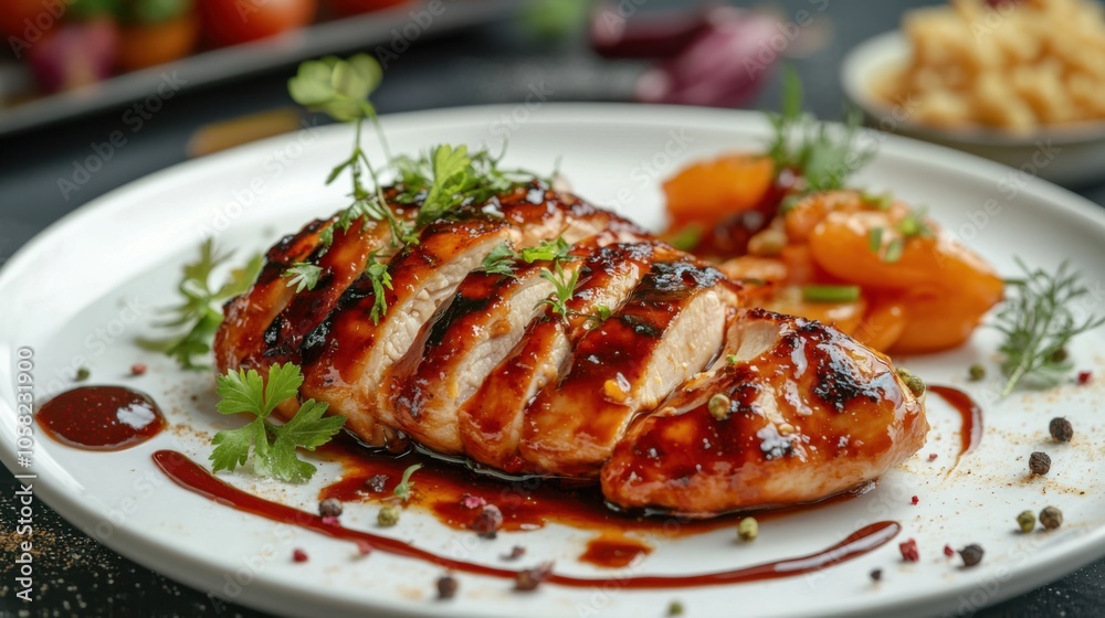 A perfectly plated garlic butter chicken with a glossy sauce, A perfectly plated garlic butter chicken with a glossy sauce,