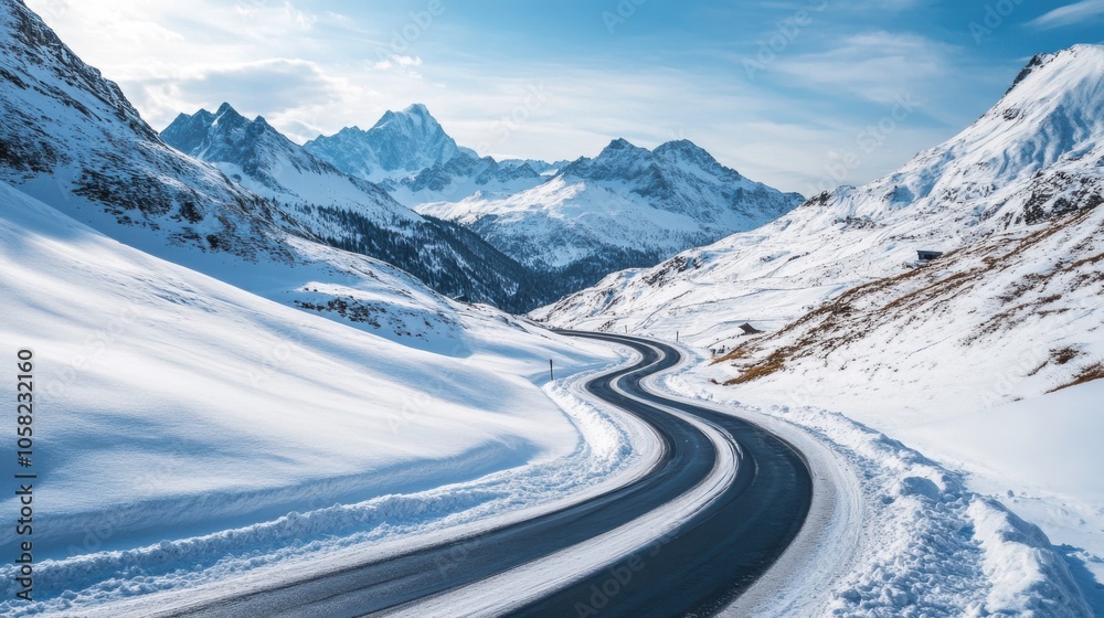 A picturesque snowy road cutting through a mountain pass,