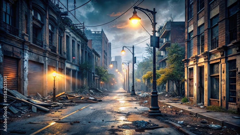 Abandoned city street at dusk with broken lights and debris scattered everywhere, urban decay, urban blight, abandoned Abandoned city street at dusk with broken lights and debris scattered everywhere, urban decay, urban blight, abandoned