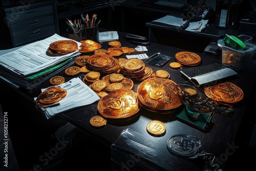 Financial Desk with Coins and Papers in Office Setting