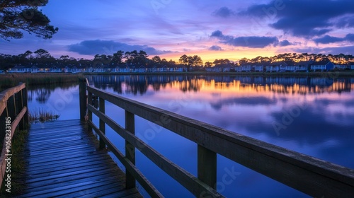 Serene sunset over a calm lake with a wooden pier reflecting vibrant colors.