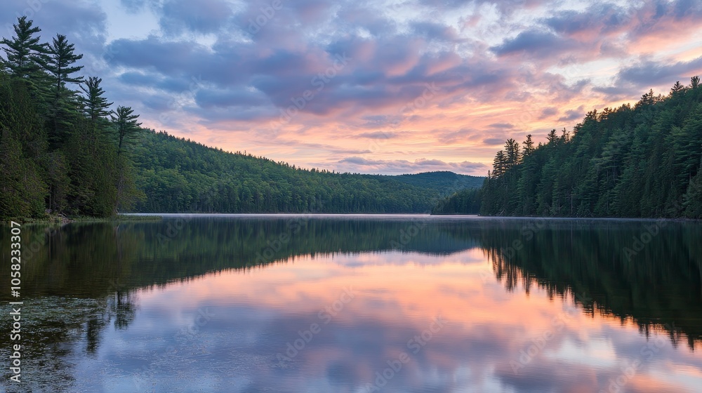 Fototapeta premium Serene lake at sunset reflecting colorful clouds and surrounding greenery.