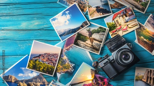 Wallpaper Mural heap of travel photos on azure wood background.  Torontodigital.ca