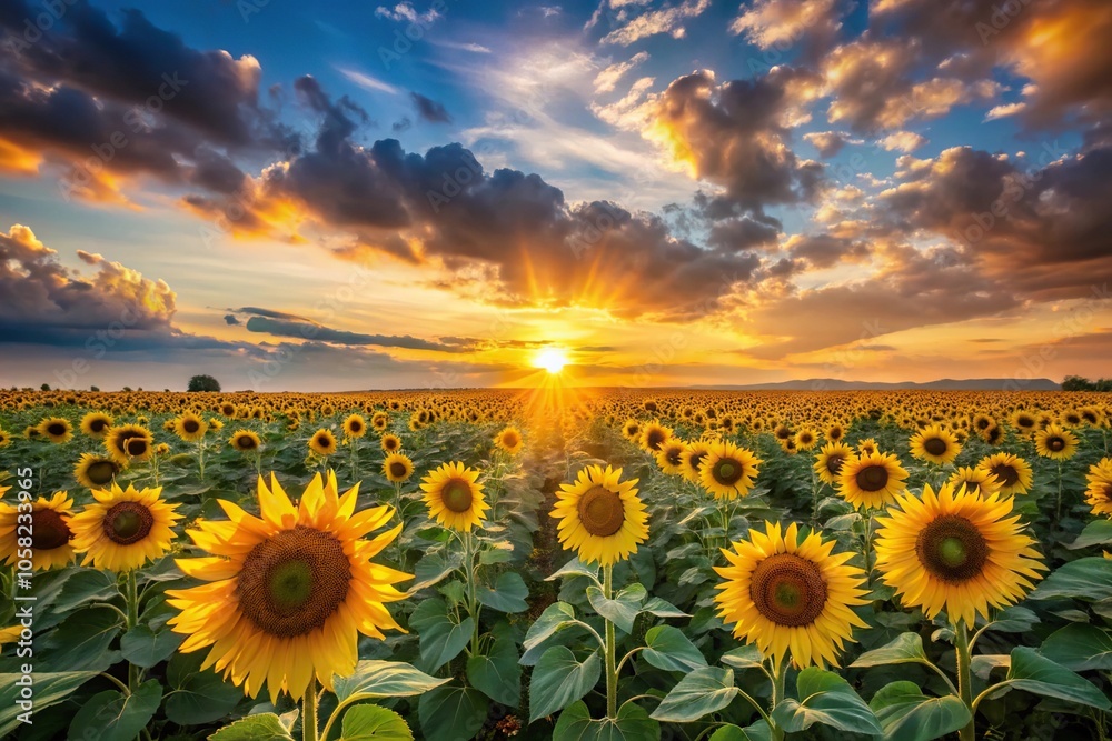 Fototapeta premium A beautiful sunset with a field of sunflowers stretching towards the sky, natural, vibrant, golden, landscape