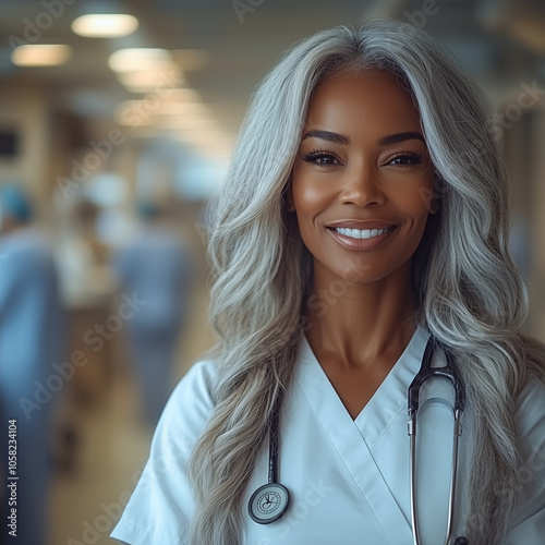 Middle Aged Black Woman Doctor with Long White Hair Smiling Wearing White Scrubs, Hospital Personnel