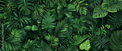 A dense arrangement of various green tropical leaves, creating a lush and vibrant backdrop.