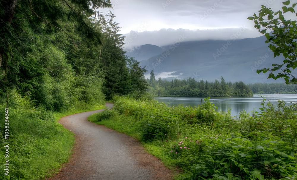 Serene pathway along a lake surrounded by lush greenery and mountains. Serene pathway along a lake surrounded by lush greenery and mountains.