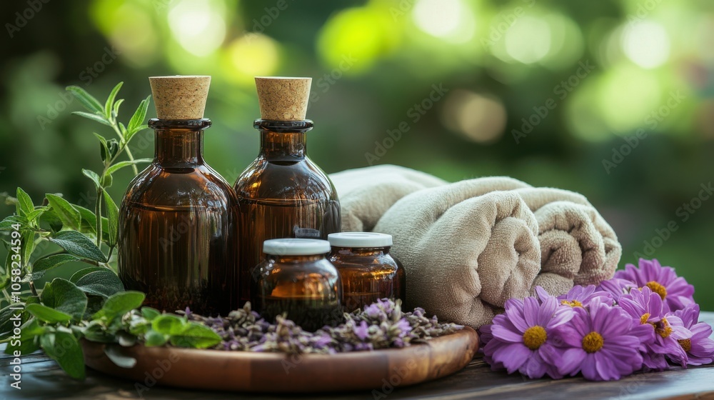 A serene spa setting with herbal compresses and essential oils A serene spa setting with herbal compresses and essential oils